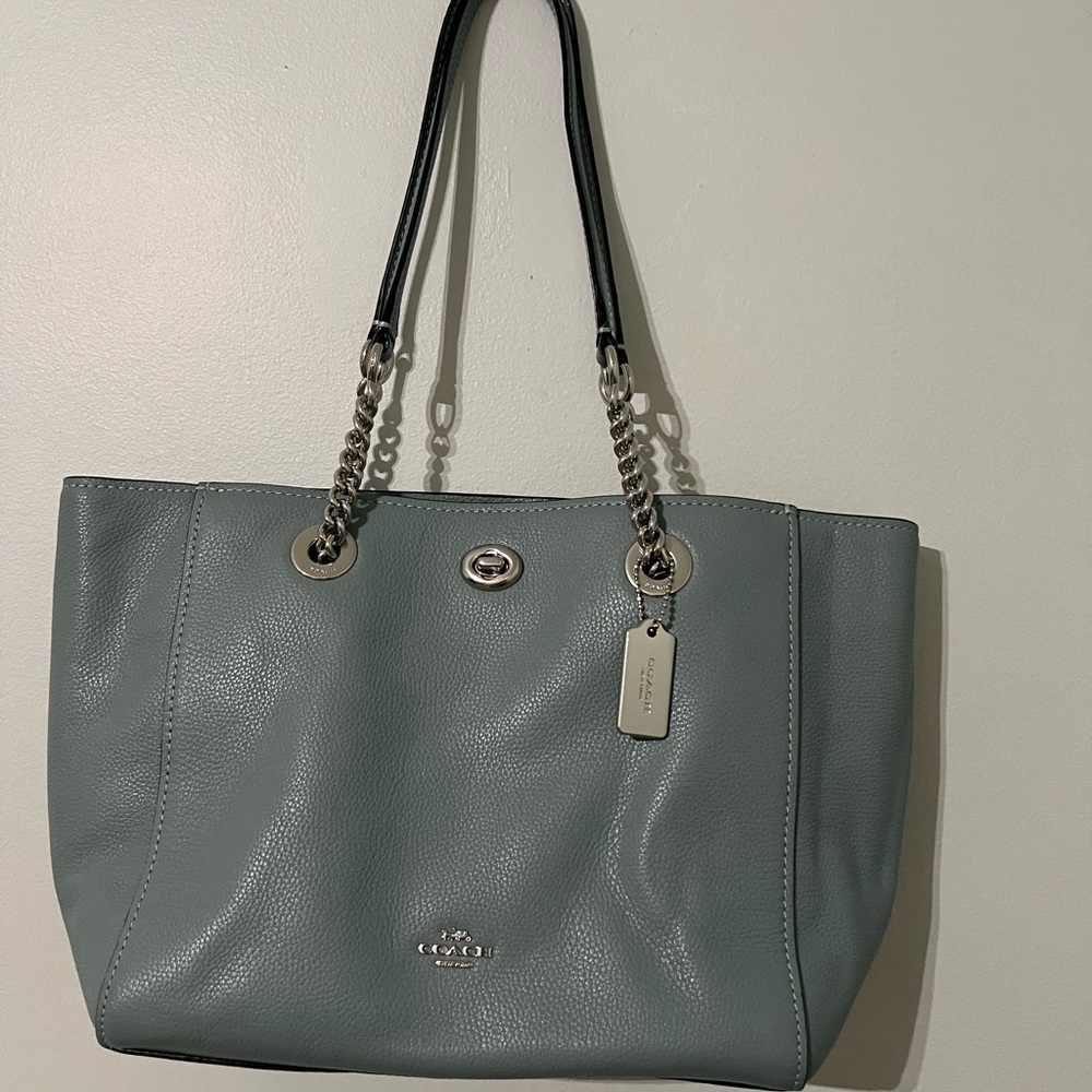 Coach gray green Pebbled Leather Tote with Chain Handles